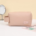 Pink waterproof leather cosmetic bag with vertical dot embossing and carry handle - Casual Pillow Shape Organizer (X-218) / Lotus root pink