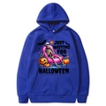 Dark blue Halloween hoodie with skeleton on pink floaty and bat print design - Blue