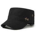 Klassische schwarze Militär-Flatcap mit seitlichem Metallemblem und Luftlöchern - Schwarz / Verstellbar