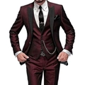 Men's slim fit 3-piece suit in burgundy with black peak lapel jacket and vest - Burgundy