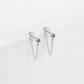 Boucles d'oreilles en acier argenté avec zircons roses et pendentifs en chaîne fine - Mars Bleu Clair - Argent