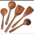 5-piece teak wood kitchen utensil set with long handles and hanging holes on white background - Soup Spoon/Angled Spatula/Slotted Spatula/Slotted Spoon/Salad Fork