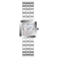 Detail of square mother-of-pearl dial watch with zircon markers and silver chain link strap - Silver Case White Dial