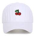 White cotton baseball cap with red cherry embroidery and curved brim for casual style - White