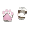 Pair of pink enamel paw print charms in silver alloy for DIY jewelry bracelets - Pink Enamel Bear Paw Large Hole Bead