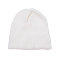 Detailed view of the fine ribbed knitting and folded cuff on this white beanie hat - White