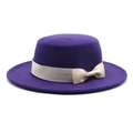 Detail of deep purple boater hat with flat brim and elegant beige grosgrain ribbon bow - M (56-58cm) / Purple
