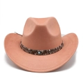 Detail of pink wide brim cowboy hat with ethnic band and blue evil eye charm - M (56-59cm) / Dusty Pink Suede