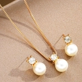 Elegant gold necklace and pearl earrings set with sparkling rhinestones in gift style - Gold Artificial Pearl Necklace and Stud Earrings Set (6368201HB)