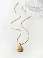 Detalle del collar con colgante de concha dorada y cadena de satélite sobre fondo blanco - Concha