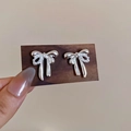 Silver bow stud earrings with textured surface and geometric pearl accents for women - 64# Silver Earring Post - Silver