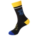 Black mid-calf knit socks with yellow contrast and blue World Peace text pattern - Black Smiley