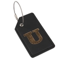 Faux leather luggage tag in black with golden letter U and steel wire loop - Letter U