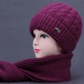 Women's thick knit hat and scarf set in deep purple for elderly winter warmth - Beanie Hat and Scarf Set / Red-Camel