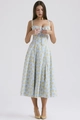 Close-up of drawstring bust and pleated waist on a blue floral midi sundress - S / Green with Yellow Floral
