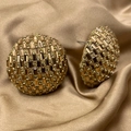 Bold golden semi-sphere earrings with amber pavé crystals on golden satin fabric - Gold Round