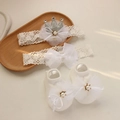 Detail of white lace baby headband and socks set with pearls and bows for newborn formal wear - 4661 White Bow Headband + Socks