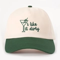 Retro baseball cap in forest green and off-white with 'i like it dirty' embroidery - Cream/Dark Green