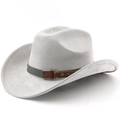 Detail view of light gray felt western hat with olive band and bronze metal buckle - Light Gray