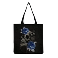 Detailed macro view of the canvas texture and Gothic skull floral print on the black tote - Dark Gothic Skull with Blue Roses and Butterflies (hm6644)