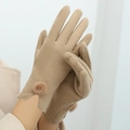 Winter camel-colored velvet gloves for women with decorative pom-pom on wrist - One Size / Khaki