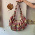 Pink and green plaid canvas hobo bag with unique ruched straps and large capacity - Yellow and Pink Checkered