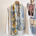 Light blue floral silk skinny scarf with grey borders styled on a cream blazer - Oil Painting White Rose