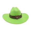 Bright green felt cowboy hat with vintage brown embossed belt and crystal heart buckle - Grass Green