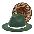 Dark green wool fedora with leopard print lining and white buckled band for men and women - M (56-58cm) / Dark Green