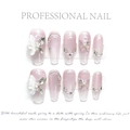 Pink cat eye coffin press-on nails with 3D white butterfly and pearl accents - Extra Small (XS) / Pink Purple Gradient Butterfly (2059-Medium Coffin)