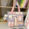 Pink and purple canvas school backpack with astronaut patches and plush duck pendant - Single Shoulder Bag with Charms and Badges / Purple