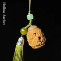 Green sandalwood hollow sachet pendant with emerald beads and silk tassel - Approx. 3x2.3cm / Green Sandalwood Lotus Fish Style - No Aroma Pill