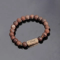 Men's beaded bracelet with dark red stones and engraved bronze 'Dad' metal plate - Dad Engraved Plate (G1146-2)