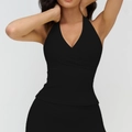 Slim fit black halter yoga vest with deep V-neck and stretchy brushed fabric for fitness - S / Premium Black