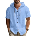Close-up of light blue short-sleeve hooded shirt showing button placket and cotton texture - S / Light Blue
