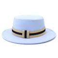 Classic light blue flat top wool felt hat with striped decorative ribbon band - One Size 58cm Circumference / Sky Blue