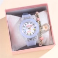 Leuchtende LED-Uhr für Kinder mit Silikonarmband und Perlenarmband im Geschenkset - Lila Uhr + Armband