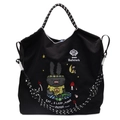 Grande borsa tote in tela nera con ricamo a coniglio e manici intrecciati per uso casual - Nero