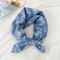 Blue cotton linen square scarf with floral embroidery and delicate lace edges - Blue Flower Embroidery