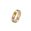 Gold adjustable ring with colorful enamel flowers and red hearts on a white background - Colorful Flower Enamel
