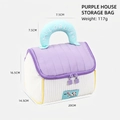 House-shaped quilted purple and white travel makeup bag with cow patch and blue handle - Purple House Organizer
