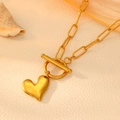 18k gold plated stainless steel heart pendant necklace with oval links and OT toggle clasp - Necklace / Gold