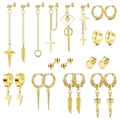 11-piece set of elegant gold-plated stainless steel earrings with charms like cross and star - Gold Feather Cross Combination (36039)