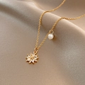 Exquisite gold necklace with flower pendant, clear zircon and pearl detail on silk - Titanium Steel Gold Style (X482)