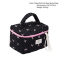 Quilted cosmetic barrel bag in black with pink polka dot bow pattern, size 23x15x15cm - Black Bucket Bag