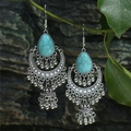 Bohemian vintage long teardrop earrings with antique silver finish and lapis blue stones - Teardrop Stone Bell Tassel (HQEF-0379)