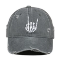 Vintage gray washed baseball cap with rock skeleton hand embroidery and distressed holes - Gray