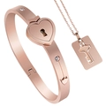 Rose gold interlocking heart lock bracelet and key necklace set with crystal accents - No Diamond Square Tag / Rose Gold