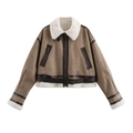 Vintage dames pilotenjas in bruin met witte imitatie lamswol voering en metalen riem - XS / Khaki