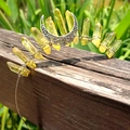 Detail of yellow crystal crown headband with silver moon on rustic wooden fence - Yellow Crystal with Silver Wire & Moon